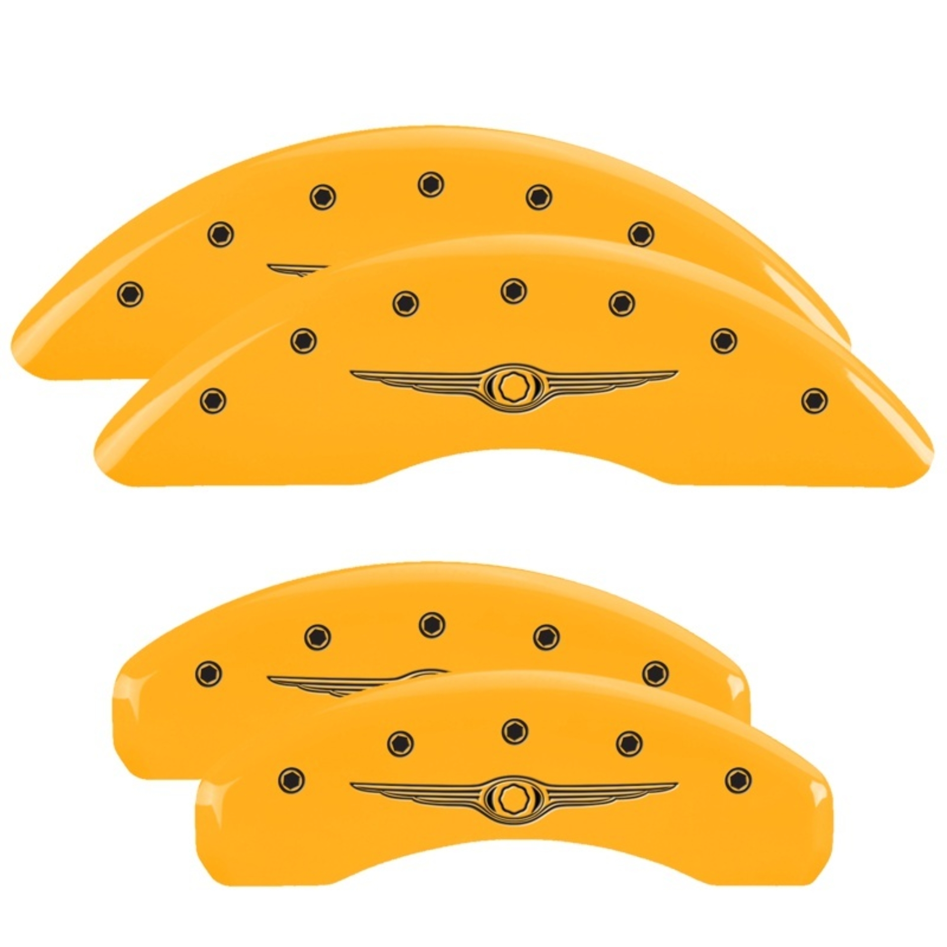 Picture of MGP 4 Caliper Covers Engraved F & R Chrysler Wing Yellow Finish Black Char 2004 Chrysler Pacifica