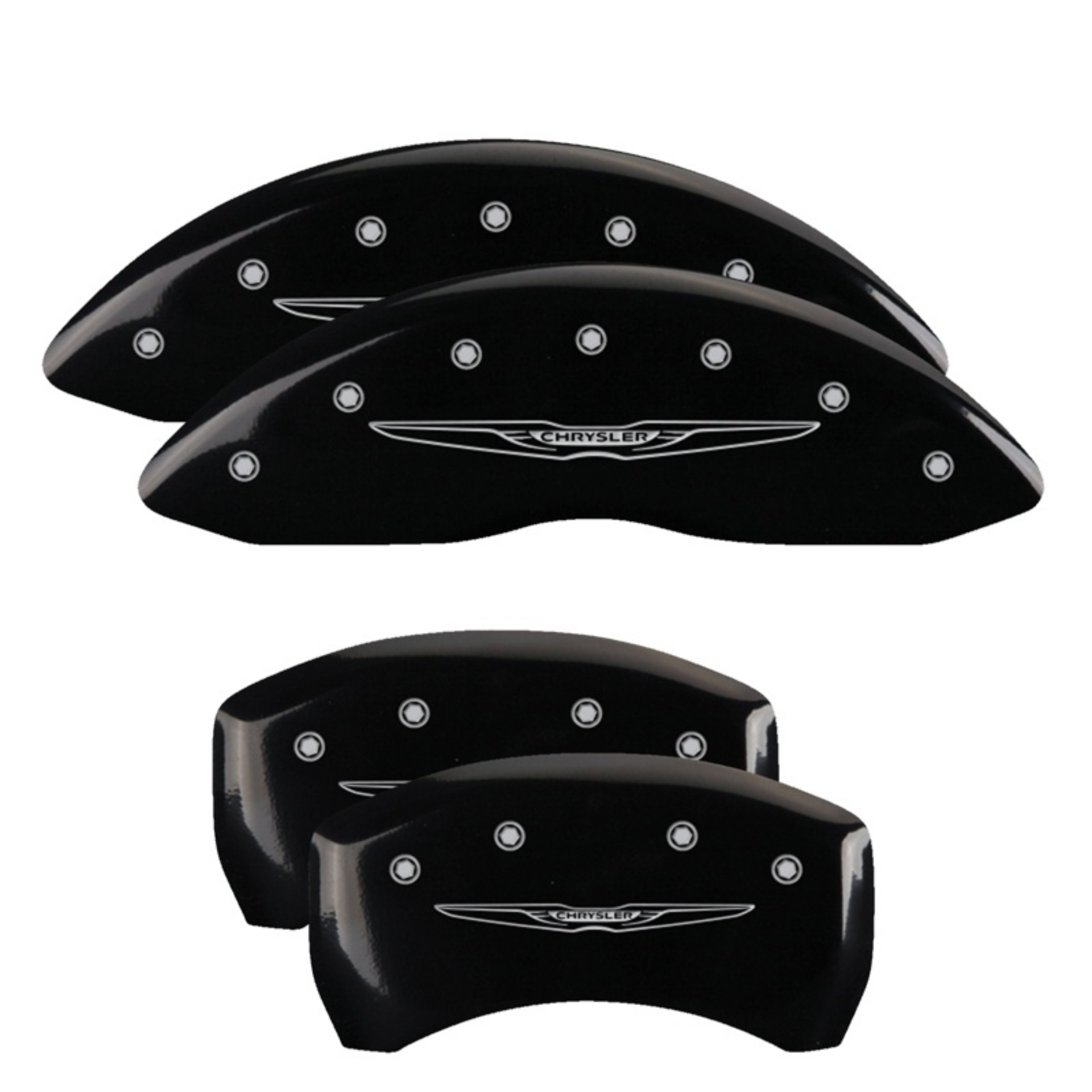 Picture of MGP 4 Caliper Covers Engraved F & R Chrysler Wing Black Finish Silver Char 2017 Chrysler Pacifica