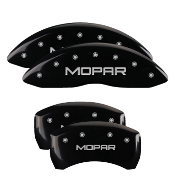 Picture of MGP 4 Caliper Covers Engraved Front & Rear Mopar Black Finish Silver Char 2017 Chrysler Pacifica